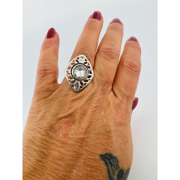 Sterling Silver 925 Cubic Zirconia Filigree Statement Finger Ring, Size 7, Estat - Picture 5 of 9